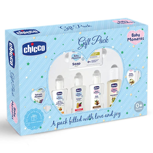 Chicco Baby Moments Caring Gift Pack Blue, Ideal Baby Gift Sets for Baby Shower, Newborn Gifting, New Parents, Birthdays, New Advanced Formula with 0% Phenoxyethanol, 0m+ (7 Items)