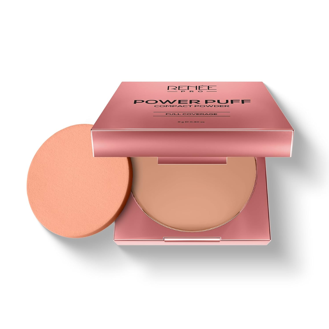 RENEE PRO Power Puff Compact Powder - Explore, Lightweight and Velvety Matte Finish, Helps Achieve Even Toned Skin, Minimizes Appearance Of Pores & Fine Lines, Helps Control Excess Oil & Shine, 9 Gm