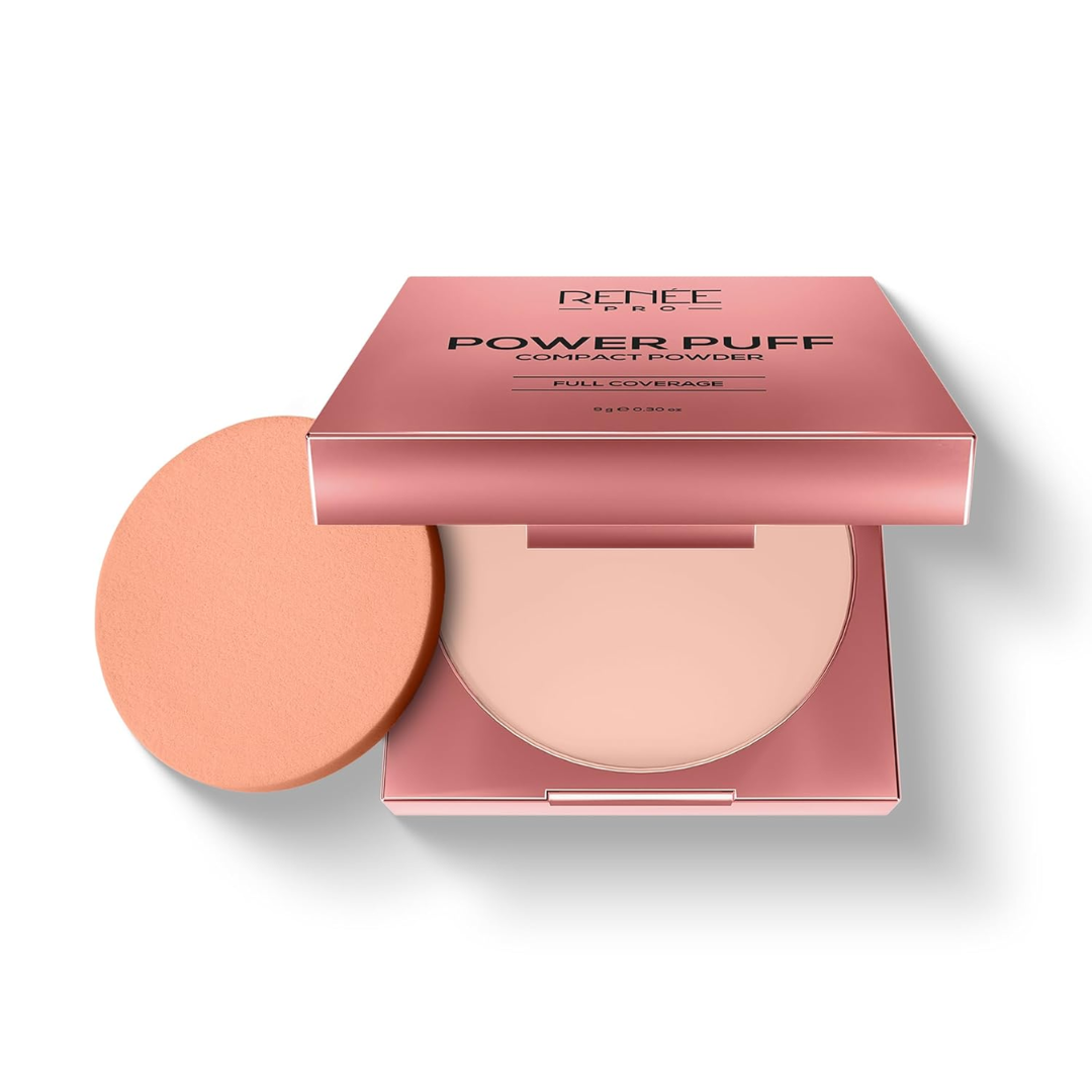 RENEE PRO Power Puff Compact Powder - Explore, Lightweight and Velvety Matte Finish, Helps Achieve Even Toned Skin, Minimizes Appearance Of Pores & Fine Lines, Helps Control Excess Oil & Shine, 9 Gm