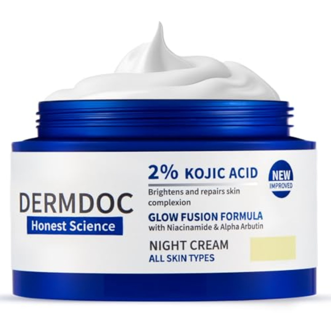DERMDOC 2% Kojic Acid Glow Fusion Formula Night Cream with Niacinamide & Alpha Arbutin for Skin Brightening (50 gm) | Face Cream I Night Cream I Kojic Acid Brightening Cream I Glowing Skin