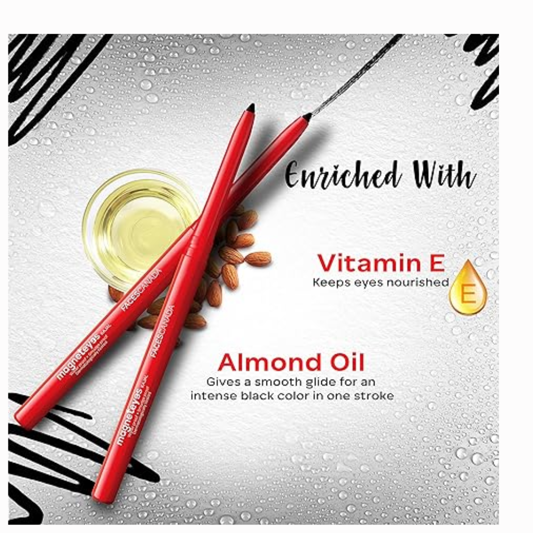 FACES CANADA Magneteyes Kajal - Black, 0.35g (Pack of 2) | 24 Hr Long Stay | One Stroke Smooth Glide | Waterproof, Smudgeproof & Fadeproof | Deep Matte Finish | Enriched With Almond Oil & Vitamin E