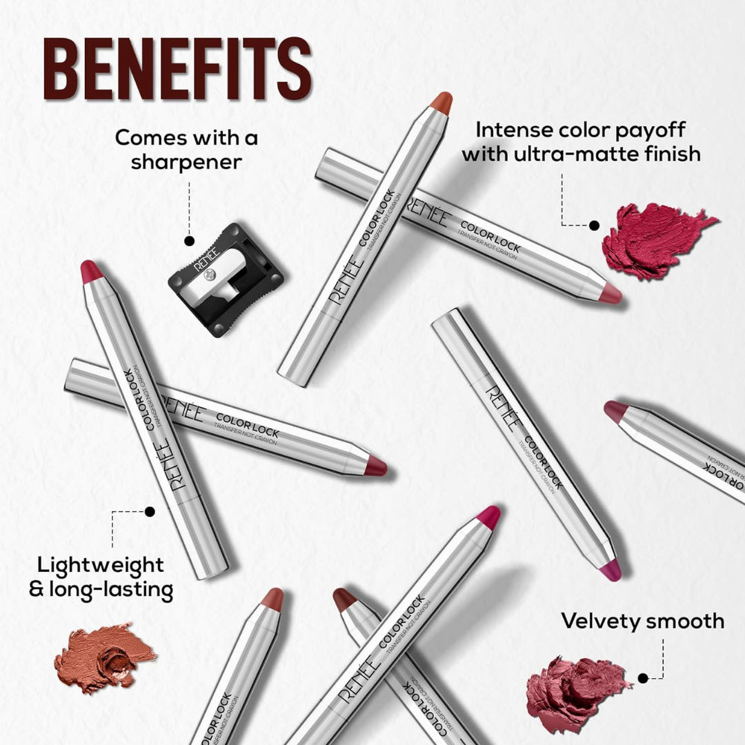 RENEE Colorlock Transfer Not Lip Crayon with Sharpener, SPF 20, Waterproof, Smudgeproof, Lightweight & Long Lasting, Intense Color Payoff with Ultra Matte Finish, Enriched with Vitamin E, Desire 3gm