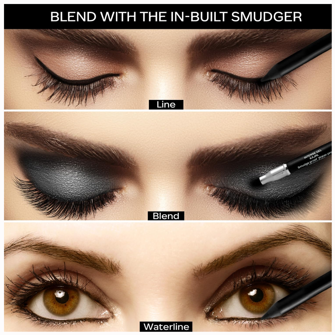 FACES CANADA Ultime Pro Intense Gel Kajal With Smudger & Sharpener - Black, 1.2 g | 24 Hr Long Stay | Waterproof & Smudgeproof | One Swipe Smooth Application | 3-in-1 Kajal, Eyeliner, Smokey Eyeshadow