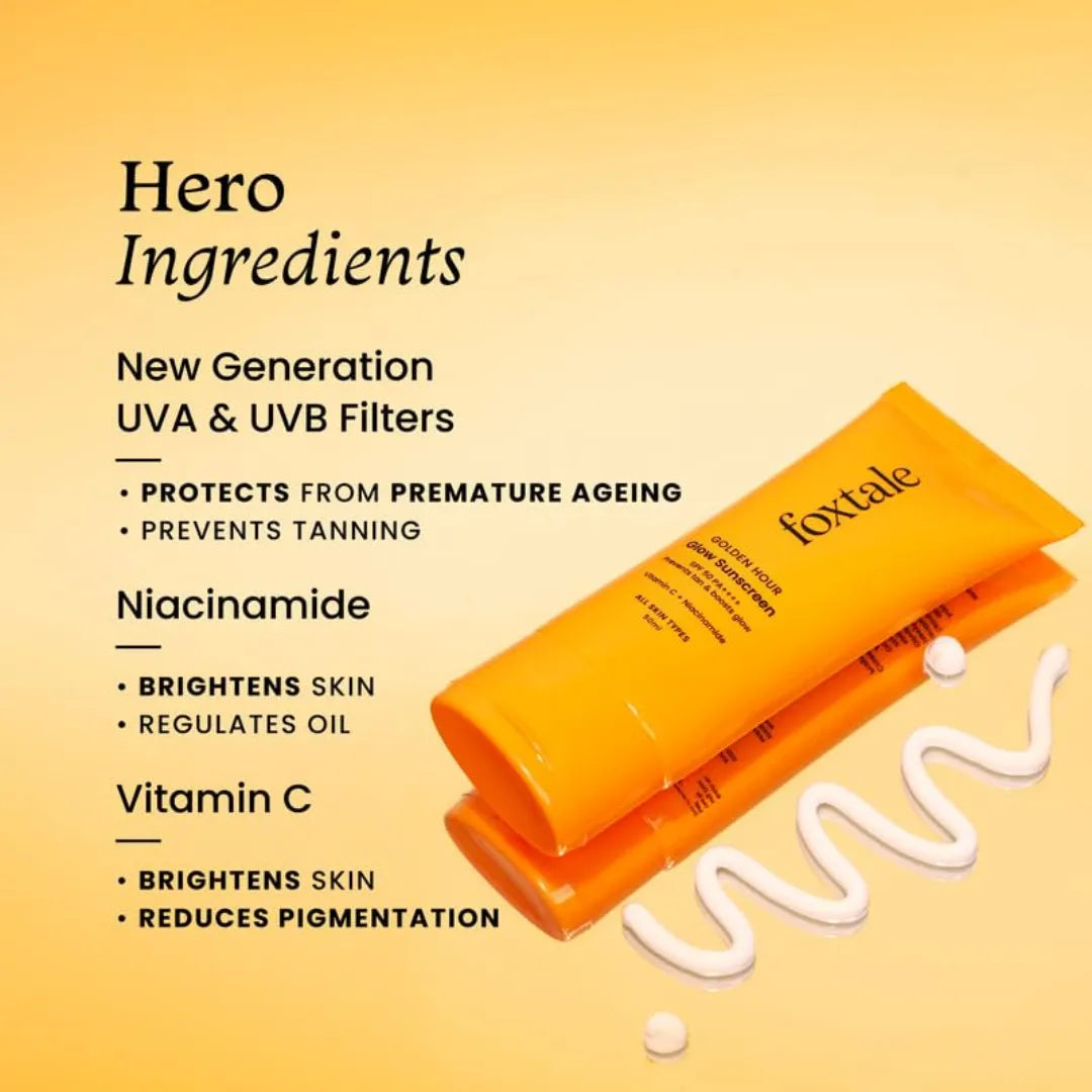 FoxTale Vitamin C & Niacinamide Glow Sunscreen Spf 50 Pa++++, Lightweight, Fast Absorbing, Uva And Uvb Filters, Prevents Tanning, No White Cast, Non-Greasy, For Men&Women, All Skin Types - 50 Ml