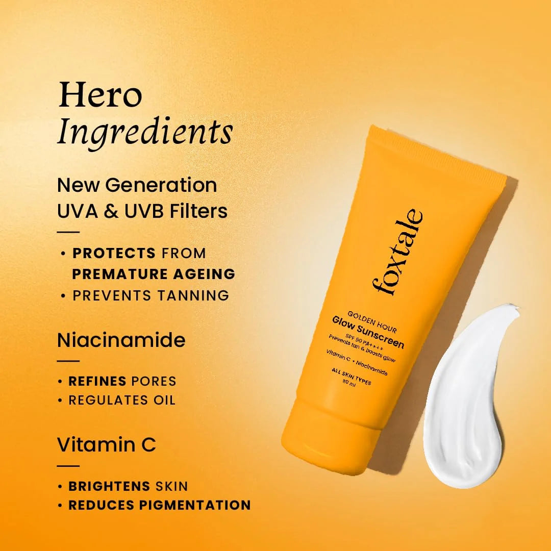 Foxtale SPF 50 Vitamin C & Niacinamide Glow Sunscreen with PA++++| For Men & Women, All Skin Types - 80ml