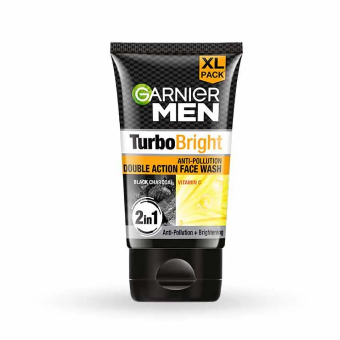 Garnier Men Turbo Bright Double Action Face Wash, Deep Cleansing Anti Pollution Face Wash with Charcoal and Vitamin C, Suitable for all Skin Types, 150g