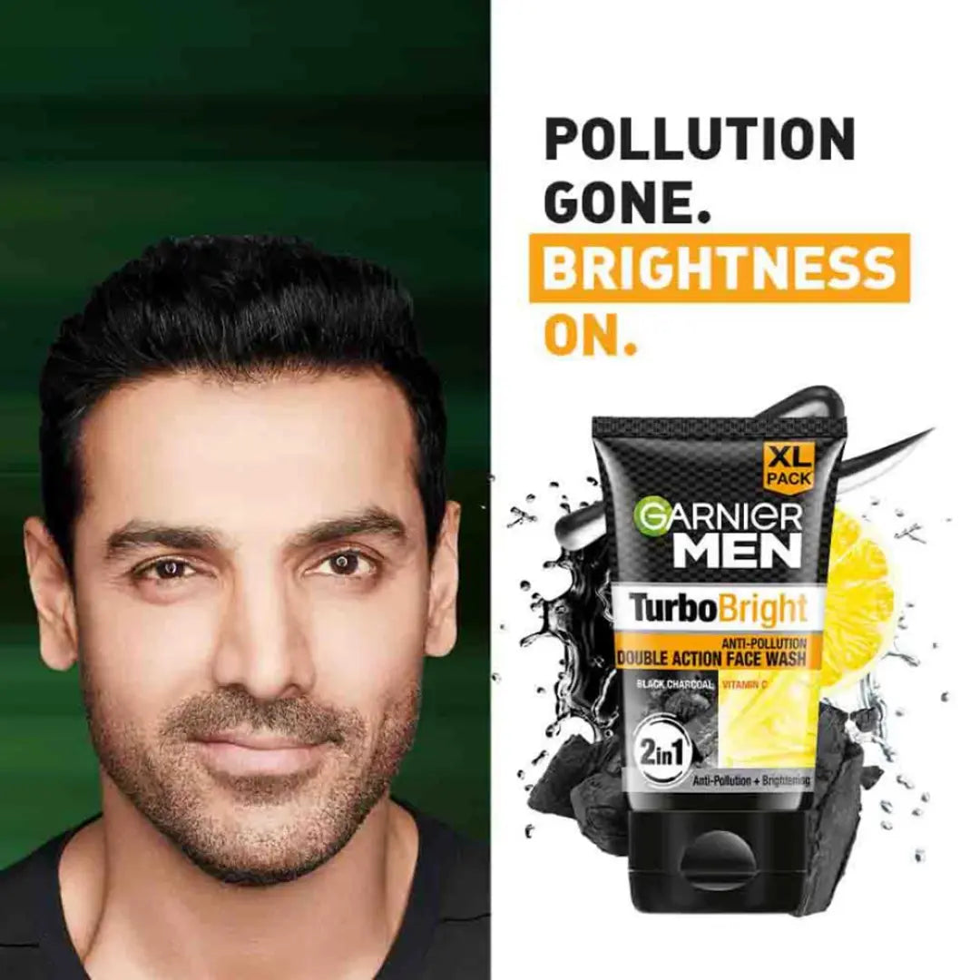 Garnier Men Turbo Bright Double Action Face Wash, Deep Cleansing Anti Pollution Face Wash with Charcoal and Vitamin C, Suitable for all Skin Types, 150g