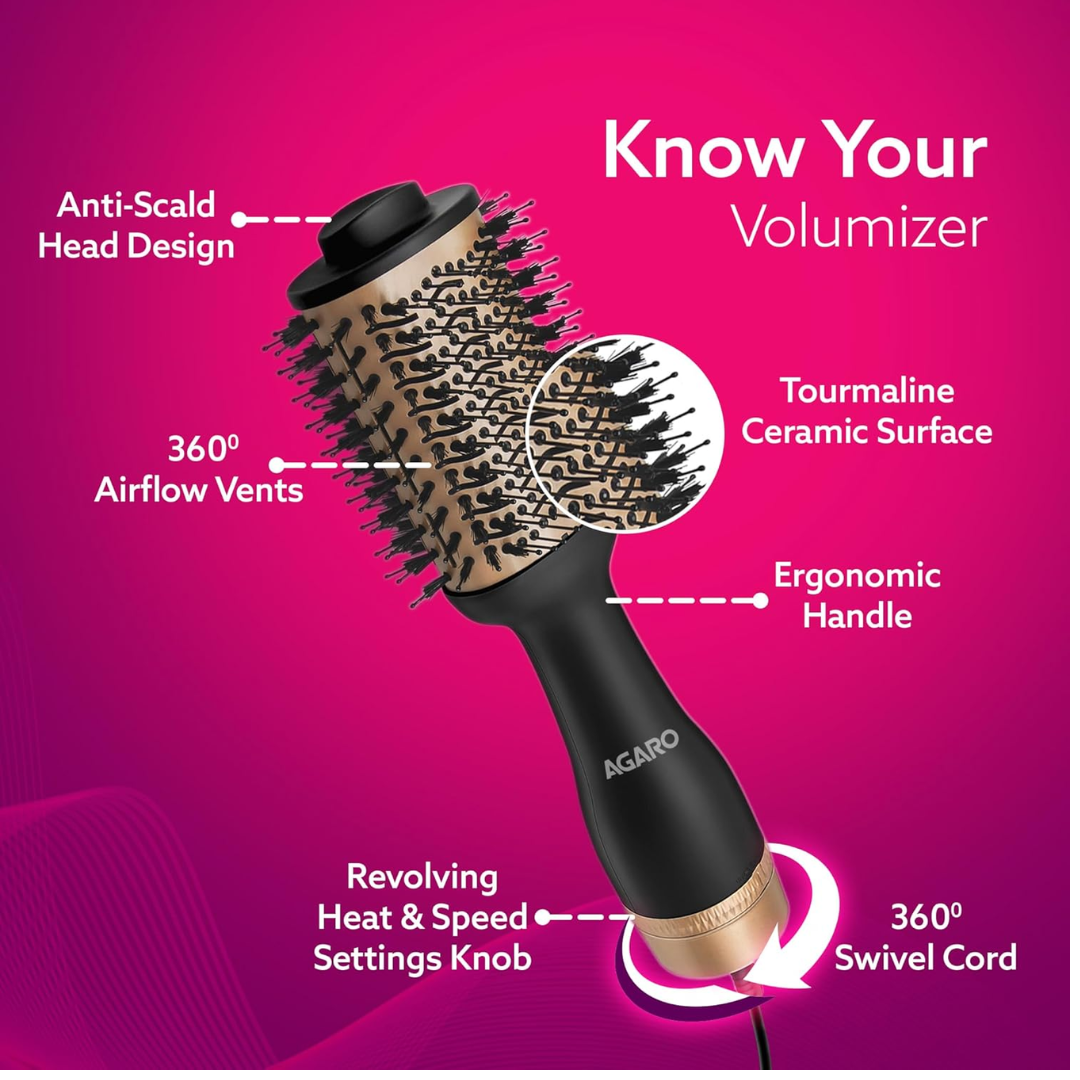 AGARO HV2179 Hot Air Brush for Hair, Blow Dryer Brush, Volumizer & Styler, 360° Airflow Vent, Oval Barrel for Hair Volume, Charcoal Bristles, Ceramic Coating Brushing Head, 1200W, Gold & Black