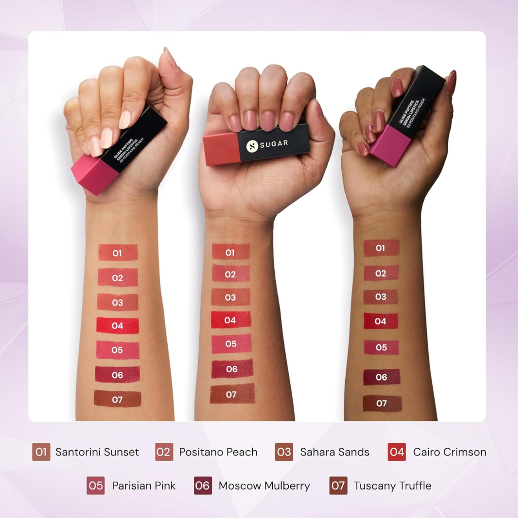 SUGAR Cosmetics Glide Peptide Serum Lipstick with Hyaluronic Acid & Vitamin E | Velvet Matte Finish | Long Lasting & Pigmented | 1 Swipe Full Coverage |