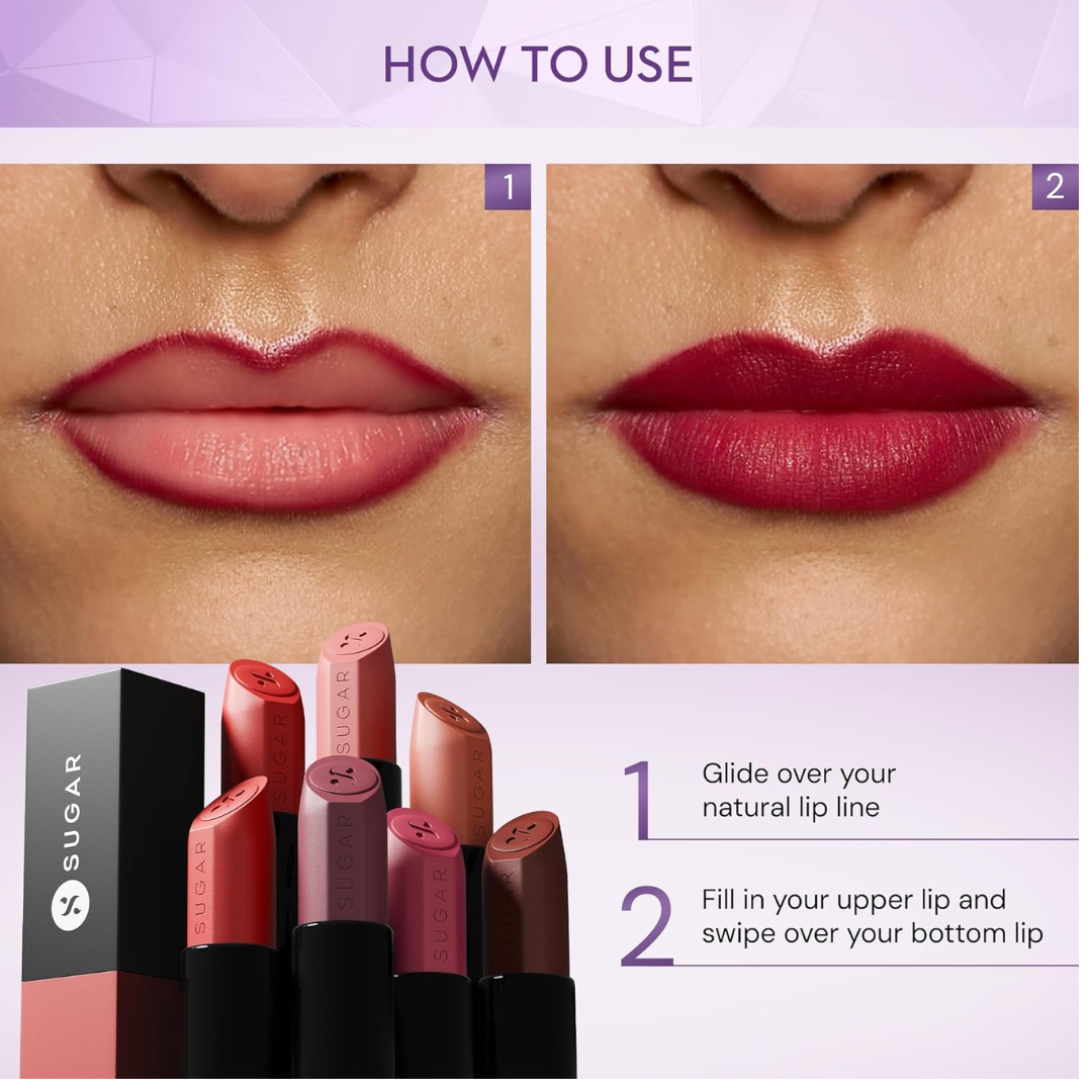 SUGAR Cosmetics Glide Peptide Serum Lipstick with Hyaluronic Acid & Vitamin E | Velvet Matte Finish | Long Lasting & Pigmented | 1 Swipe Full Coverage |