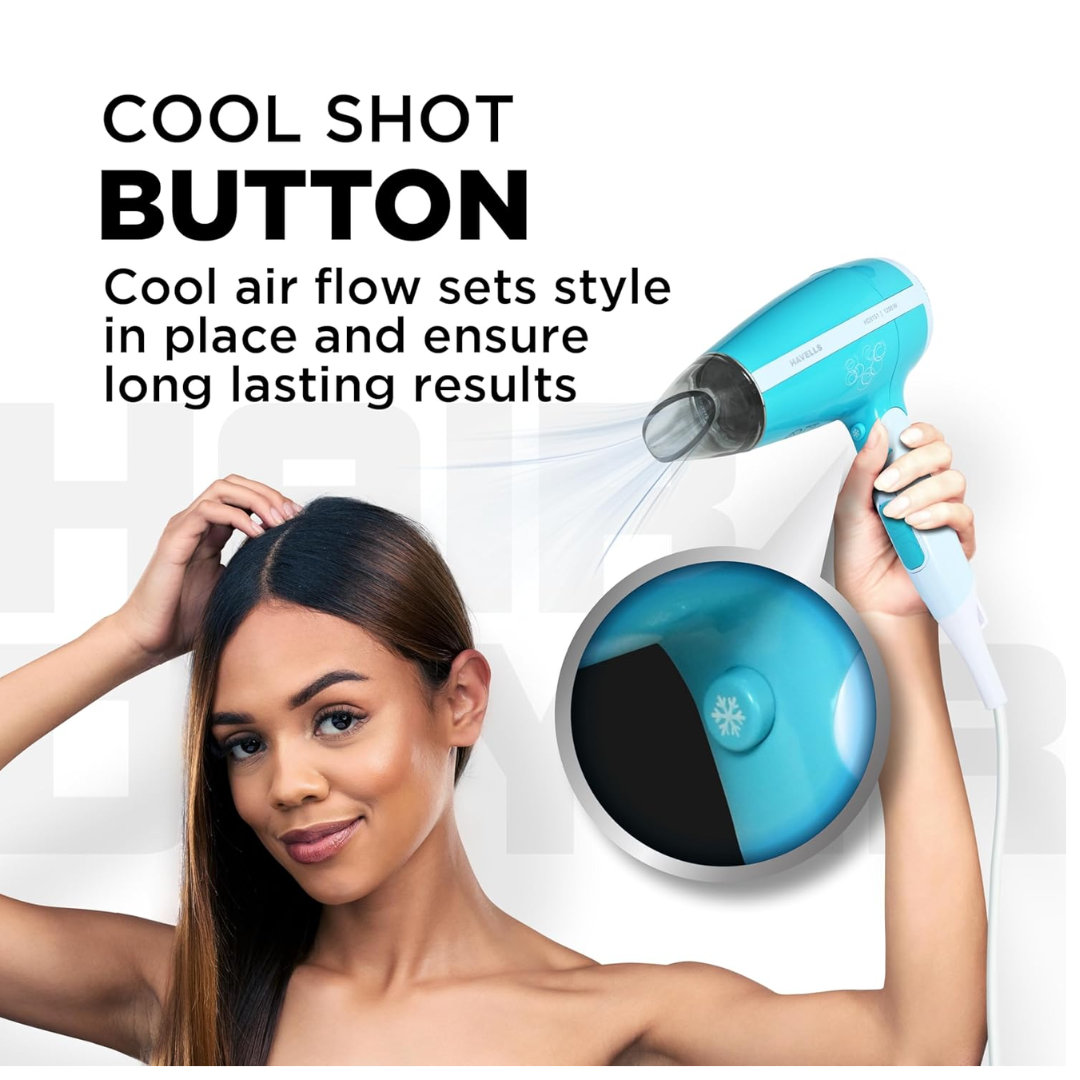 Havells HD3151 1200 W Foldable Hair Dryer; 3 Heat (Hot/Cool/Warm) Settings Including Cool Shot Button; Heat Balance Technology, Turquoise