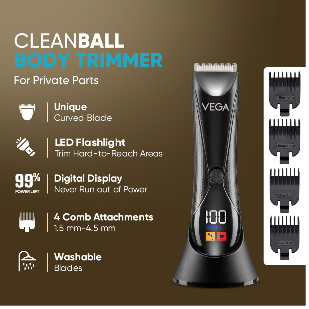 VEGA Cleanball Full Body Trimmer for Men|Private Parts,Pubic Hair, Balls,Manscaping, Body Multi-Purpose|IPX5 Waterproof|No Nicks or Cuts|90 Min Non-Stop Runtime with LED Flashlight|Fast Charge VHTH-33