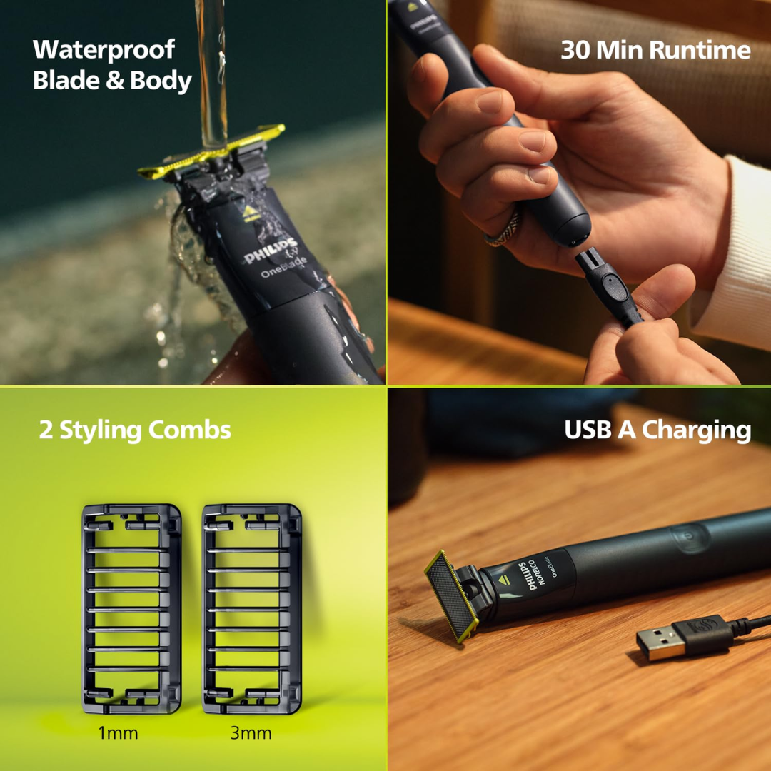 Philips One Blade Face Hybrid Trimmer & Shaver For Men|Best Zero Trim For Face|No Skin Irritation As Blade Never Touches Skin|Dual Protection Technology|Designed For Genz|2Year Warranty-Qp1424/10