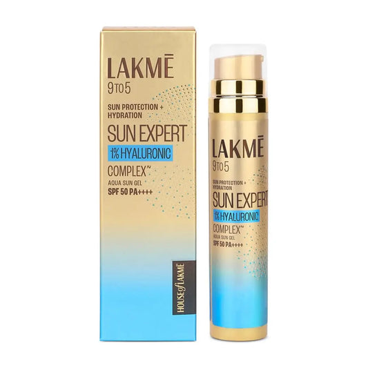 LAKMÉ Sun Expert 1% Hyaluronic water-light Sunscreen gel SPF 50 Pa++++ Best for Oily Skin | Even toned & Glowing Skin | Non-Sticky| Helps reduce pigmentation | UVA/B Protection, No White Cast 56G