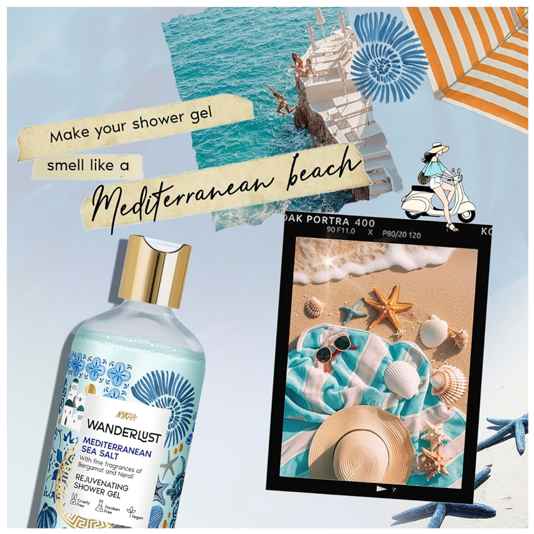 Wanderlust Mediterranean Sea Salt Shower Gel, 300 ml| Nourishes & Rejuvenates | Gentle Cleanser| Refreshing bodywash | Enriched With hydrating Glycerine | Paraben-Free, Vegan | Suitable for All Skin Types