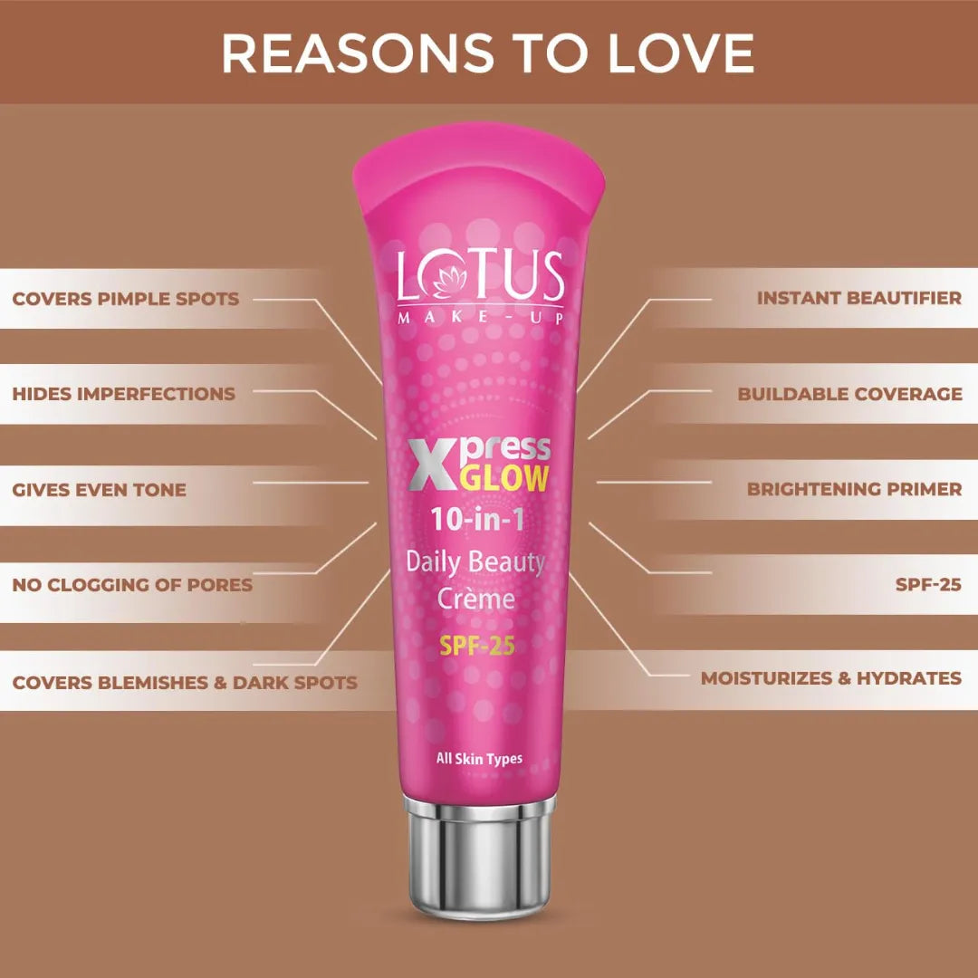 Lotus Makeup Xpressglow 10 in 1 daily Beauty Cream | X2 Bright Angel | Natural Coverage|SPF 25| Built In Primer | Covers dark spots | Brightens skin | Suitable For All Skin Types