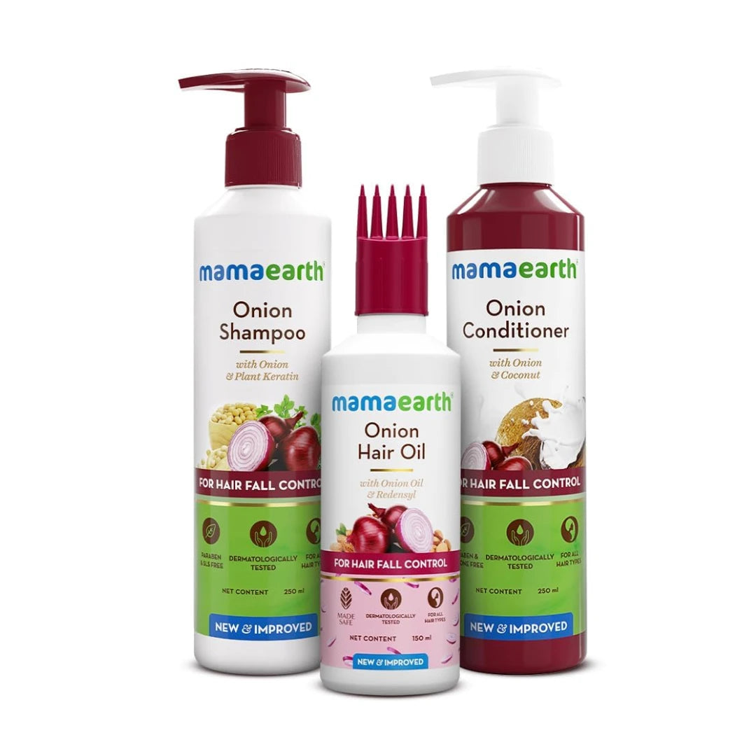 Mamaearth Anti Hair Fall Spa Range Hair Care Set: Onion Shampoo 250 ml + Onion Conditioner 250 ml + Onion Hair Oil 150 ml