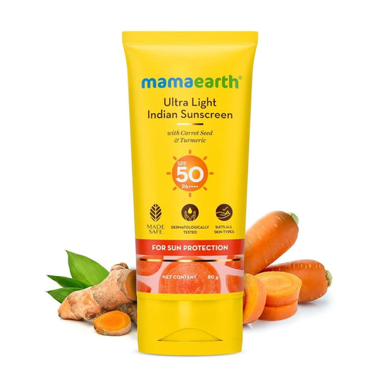 Mamaearth Ultra Light Natural Sunscreen Lotion SPF 50 PA+++ For Indian Skin, With Turmeric & Carrot Seed, 80ml