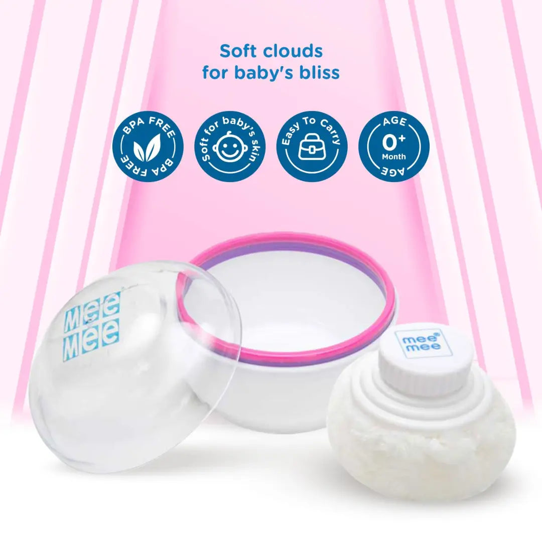 Mee Mee Soft-Feel Blue Powder Puff with with Box Holder Container for New Born and Kids | Gentle Touch for Your Little One's Skin | BPA-Free (Single Pack)