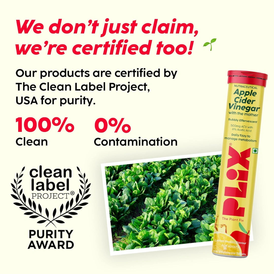 PLIX - THE PLANT FIX Apple Cider Vinegar Effervescent | With Mother ACV | Vitamin B6 & B12 | Pack of 1 (Lemon Masala), 15 Tablets | No Added Sugar | Easy to Carry & Consume