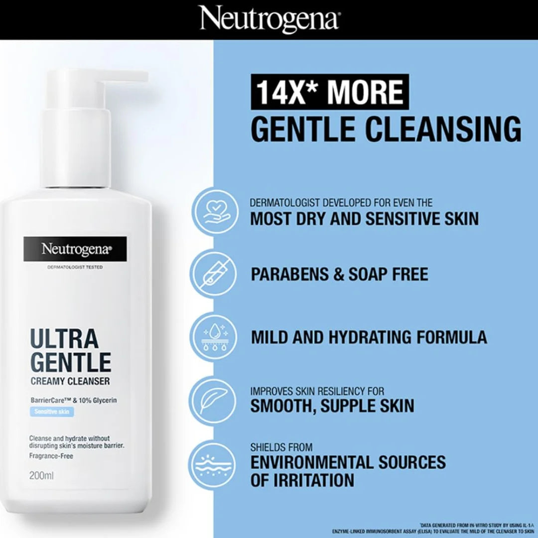 Neutrogena Ultra Gentle Creamy Cleanser | 14X Gentler Cleanser for Dry Sensitive Skin | Face Wash for Sensitive Skin for Men & Women | With Barriercare Technology & 10% Glycerin | Paraben-Free 200ml