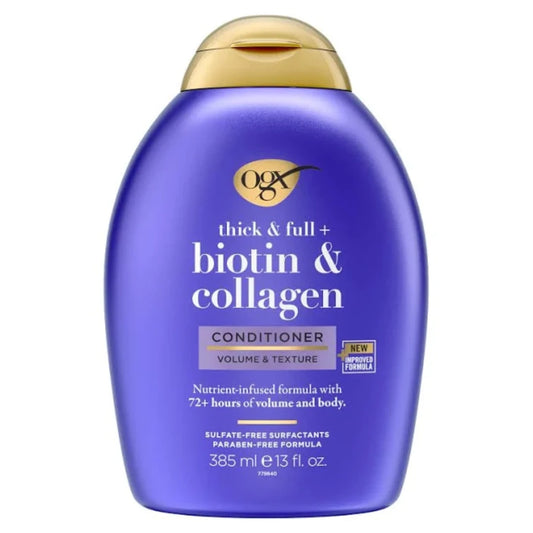 OGX Thick & Full Biotin & Collagen Volumizing Conditioner | Vitamin B7, Collagen & Hydrolyzed Wheat Protein, For Thicker, Fuller, Healthier looking hair, Sulfate Parabens Free (385ml)