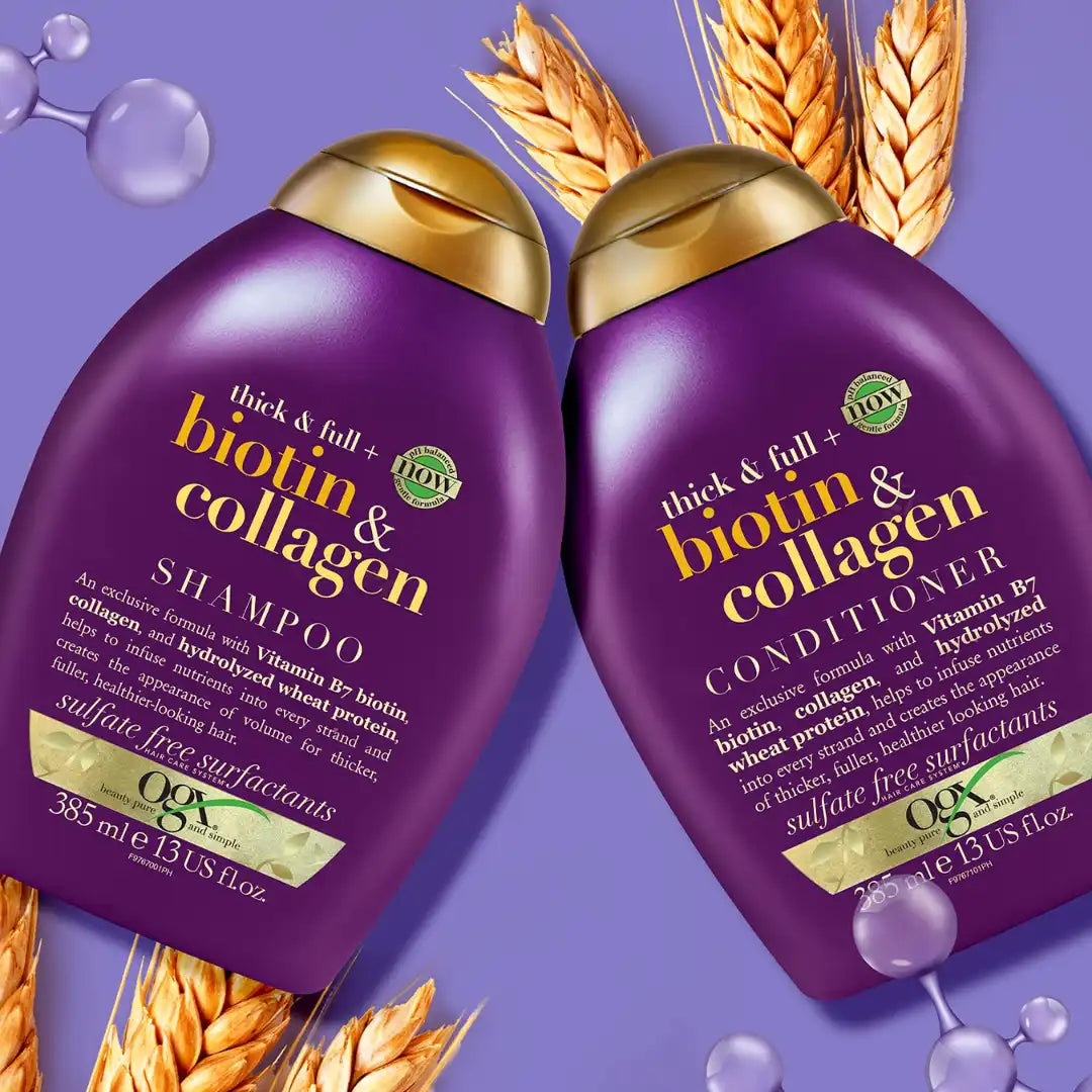 OGX Thick & Full Biotin & Collagen Volumizing Conditioner | Vitamin B7, Collagen & Hydrolyzed Wheat Protein, For Thicker, Fuller, Healthier looking hair, Sulfate Parabens Free (385ml)