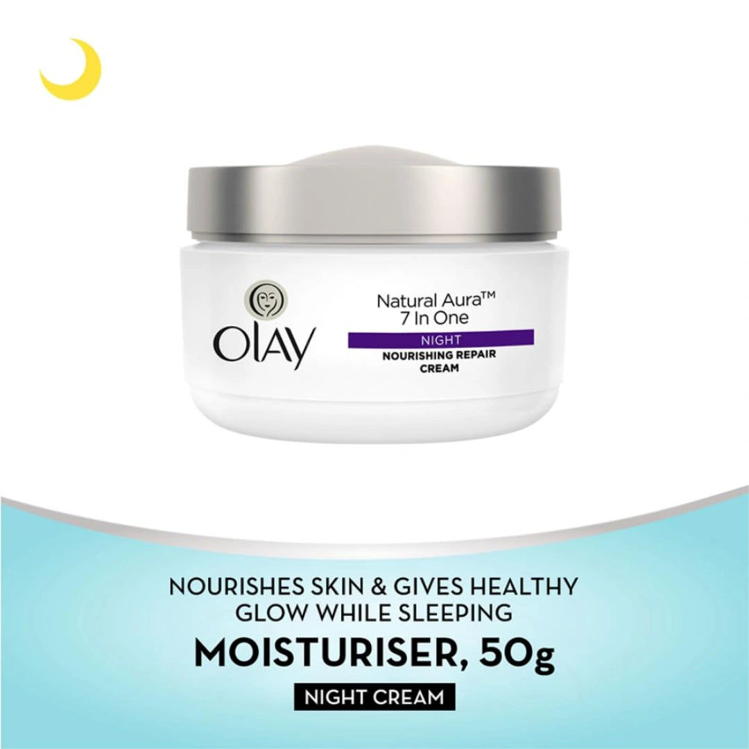 Olay Natural Aura Night Cream | Nourishes Skin for Healthy Glow | Fights 7 Signs of Ageing - 50g (Pack of 2)