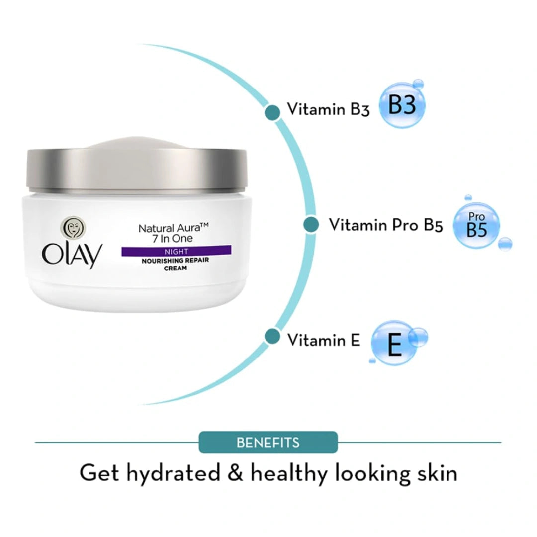 Olay Natural Aura Night Cream | Nourishes Skin for Healthy Glow | Fights 7 Signs of Ageing - 50g (Pack of 2)