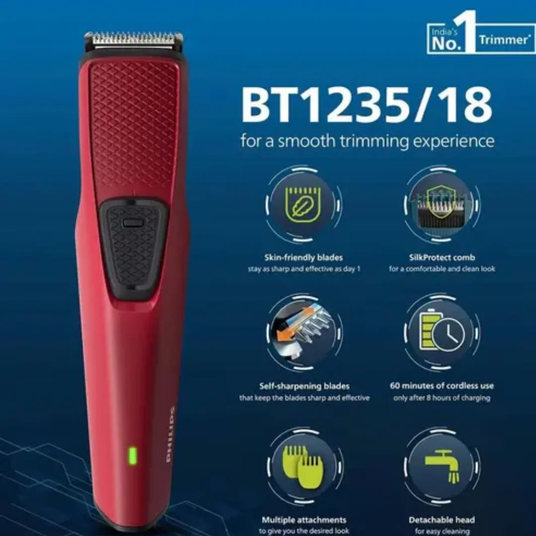 Philips Battery Powered BT1235/18 Skin-friendly Beard trimmer for Men Dura Power Technology, Cordless Rechargeable with USB Charging, Charging indicator, Travel lock