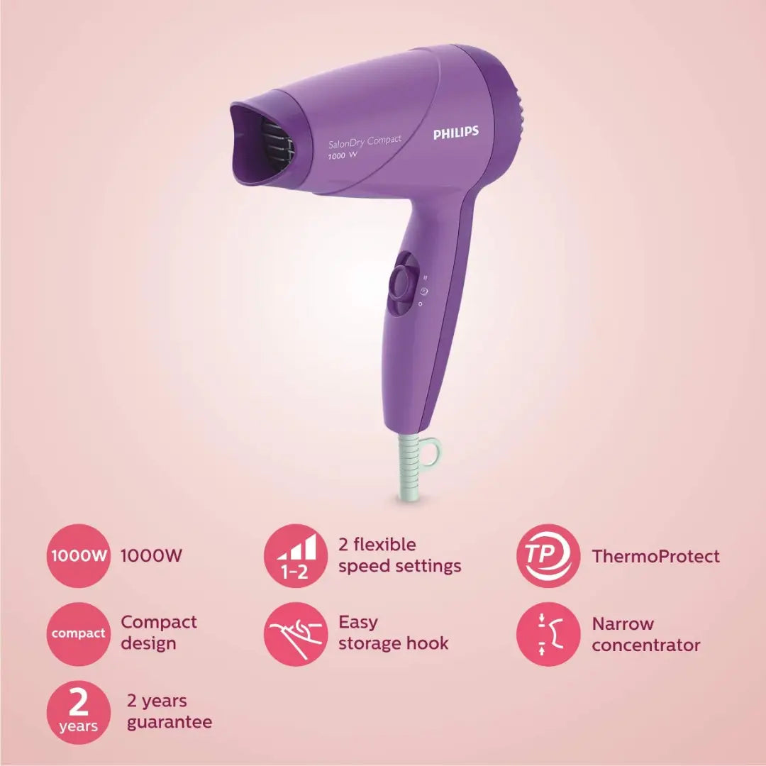 Philips HP8100/46 SalonDry ThermoProtect 1000W Compact Hair Dryer - Purple