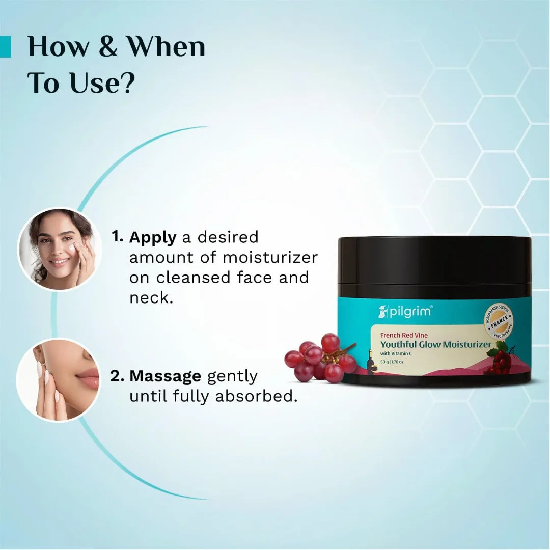 PILGRIM French Red Vine Youthful Glow Moisturizer SPF 30 with Vitamin C, Rosehip Oil For Anti Ageing, Sun Protection PA+++, Daily Use, Dry, Oily, Combination Skin, Men & Women, 50g