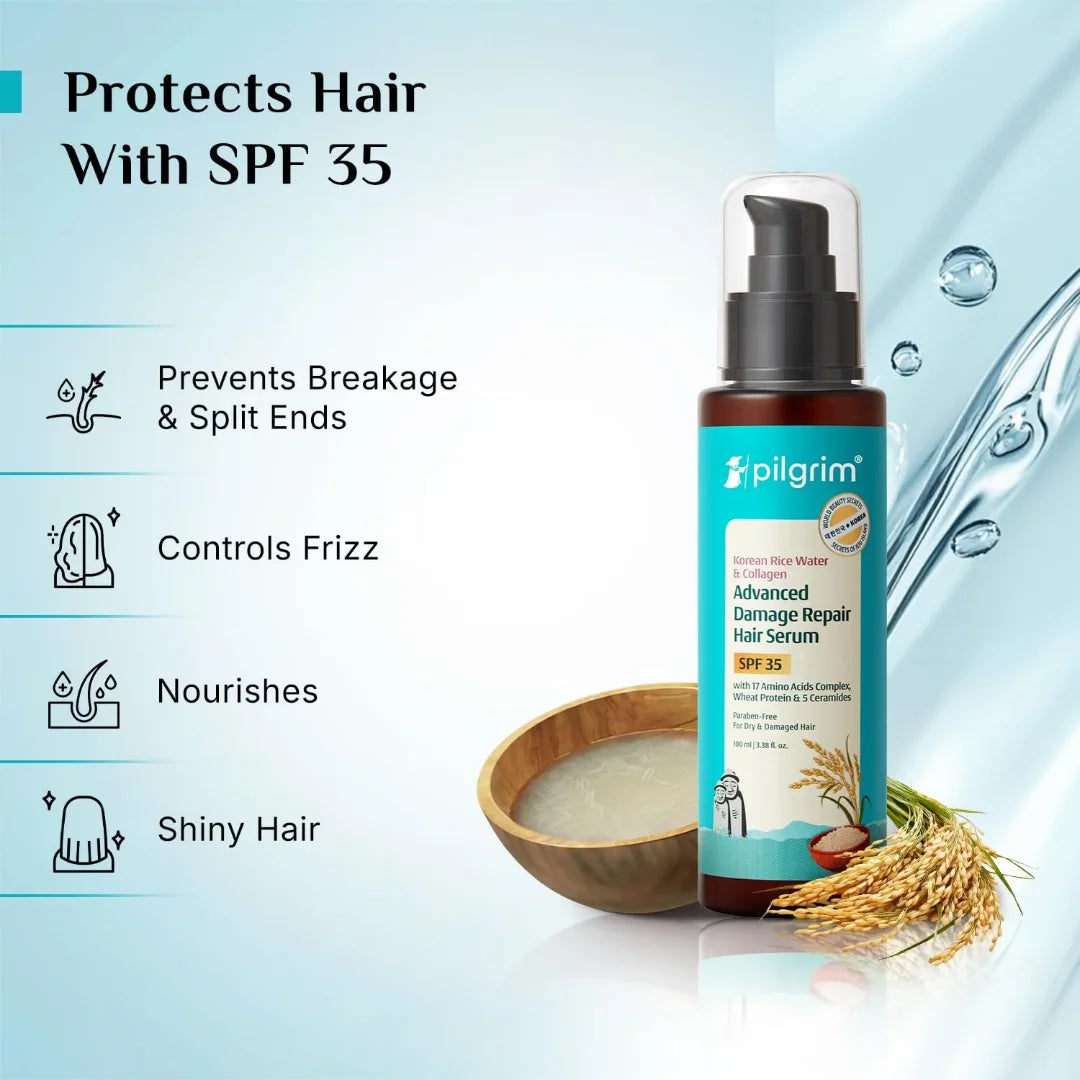 Pilgrim Korean Rice Water & Collagen Advanced Damage Repair Hair Serum SPF 35 with 17 Amino Acids Complex, Wheat Protein & 5 Ceramides - 100ml