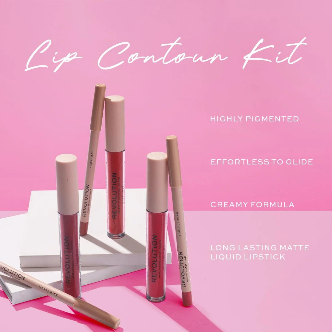 Makeup Revolution- Lip Contour Kit- Soulful Pink| Highly pigmented | Long lasting matte liquid lipstick | Creamy formula | Effortless to glide- 3 ml +0.8 g