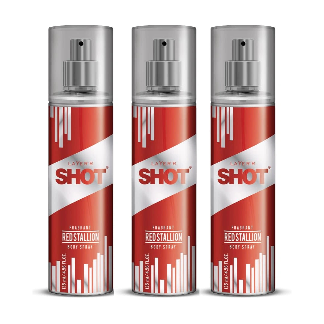 Layer'r Shot Red Stallion Deodrant Body Spray For Men | Long-Lasting Premium With Powerful Masculine Fragrance - 135ml (Pack of 3)