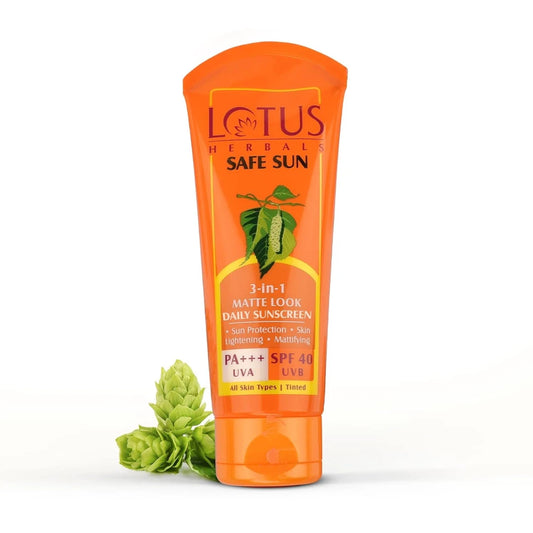 Lotus Herbals SafeSun 3i n1 Matte look daily sunscreen|Tinted Sunscreen| SPF 40 PA+++|Dermatologically tested|Mallow, Hops|Paraben free, tinted, no white cast, matte finish|All skin types| 50 g