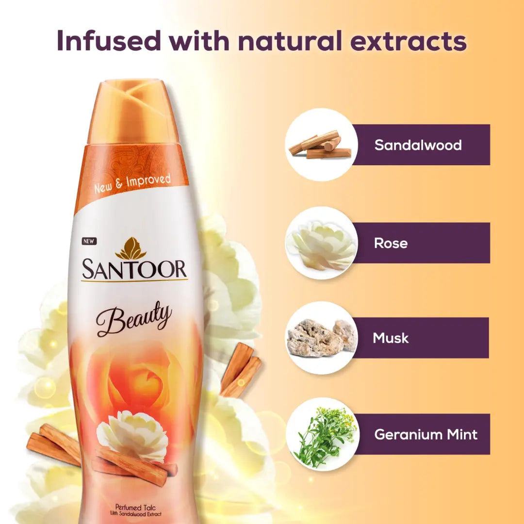 Santoor Beauty Talc with Sandalwood Extracts| Sandal, Rose, Musk & Geranium Mint Fragrance (400g)