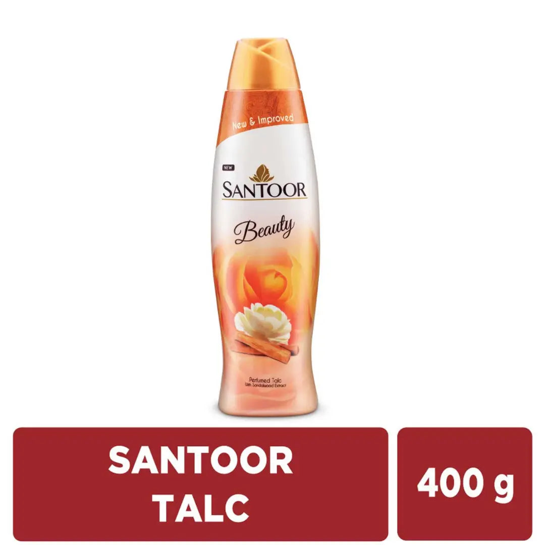 Santoor Beauty Talc with Sandalwood Extracts| Sandal, Rose, Musk & Geranium Mint Fragrance (400g)