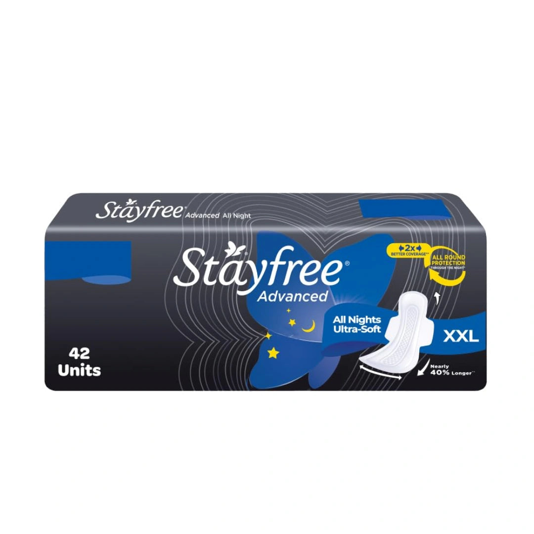 Stayfree Advanced XXL All Night Sanitary Pads | 42 Ultra Thin Pads for Ultra Comfort | 40% Longer | Ideal for Heavy Flow