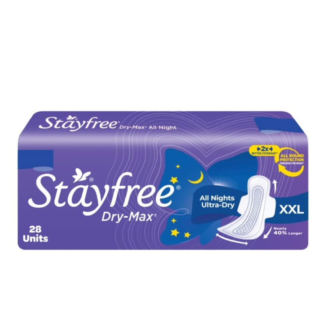 Stayfree Dry Max All Night XXL (28 pads) Dry Cover Sanitary Pads For Women With Wings