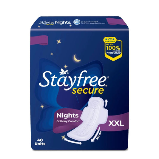 Stayfree Secure Nights XXL | 40 Pads| Cottony Soft Sanitary Pads for Women | Upto 100% leakage protection | Buy XXL at XL price | Absorbs 2x Faster with Wider Back |