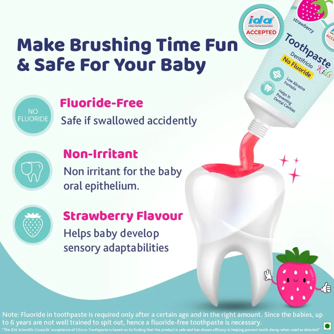 Chicco Toothpaste, Strawberry Flavour for 1Y to 6Y Baby, Fluoride-Free, Preservative-Free,Cavity Protection (50g)