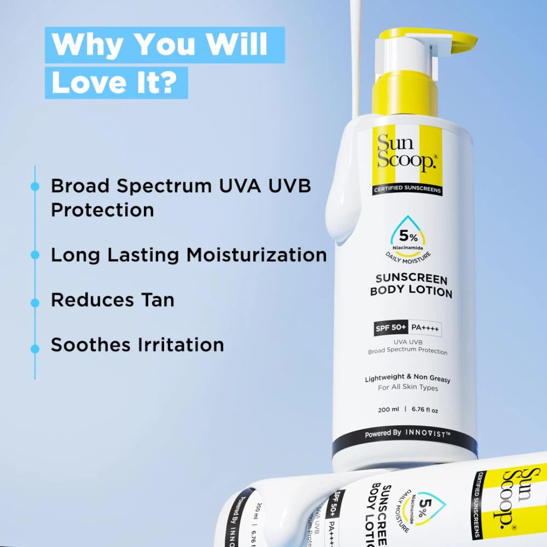 SunScoop 5% Niacinamide Daily Moisture Sunscreen Body Lotion SPF 50+ PA++++ | 24-Hours Moisturization | For Men & Women -200ml