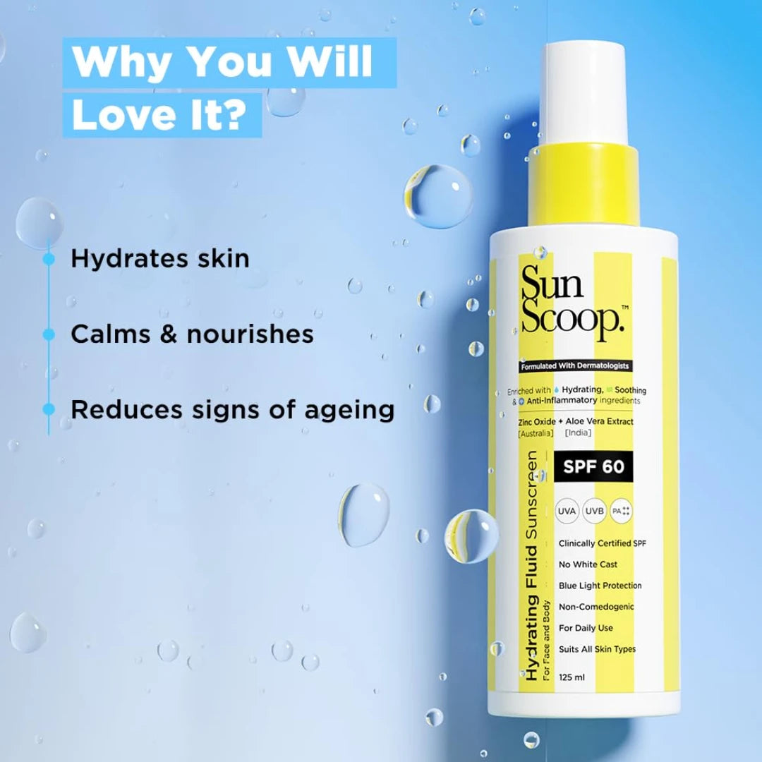SunScoop Hydrating Face & Body Fluid Sunscreen Spray SPF 60 PA++++ | For Men & Women -125ml