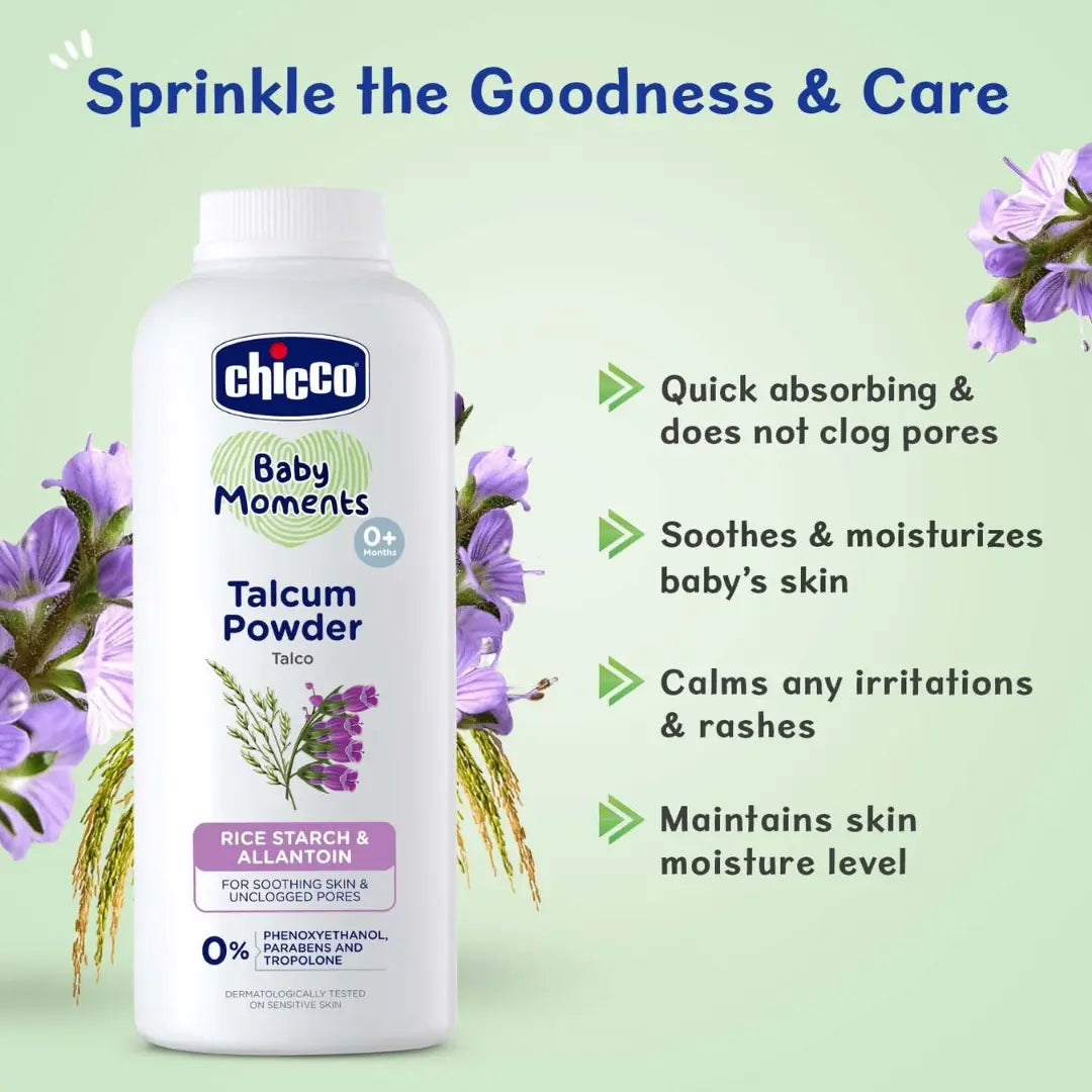 Chicco Baby Moments Talcum Powder Talco , Dermatologically Tested, Paraben Free, Phenoxyethanol Free 0M+ (300 gm)