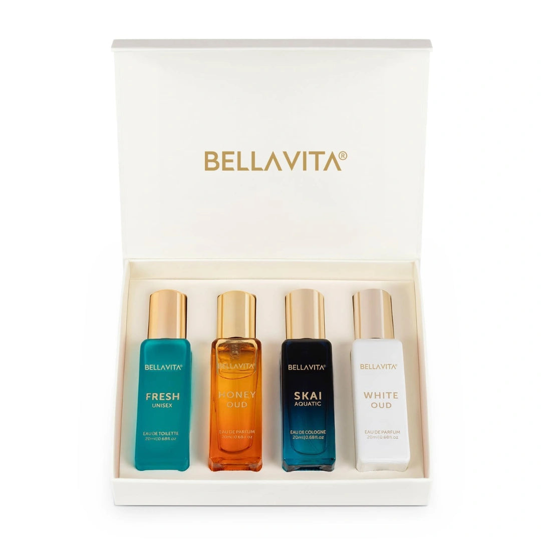 Bella Vita Luxury Unisex Eau De Parfum Gift Set 4 x 20ml for Men & Women with SKAI, FRESH, WHITEOUD, HONEY OUD Perfume|Long Lasting EDP Fragrance Scent