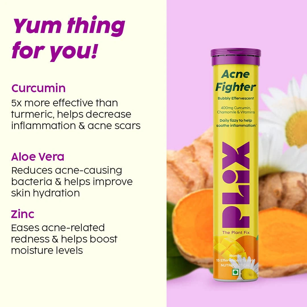 PLIX - THE PLANT FIX Acne Shield (15 Effervescent Tablets),Mango Twist Flavour- Pack Of 1,Goodness Of Curcumin,Aloe And Chamomile,Good For Clear Skin,Easy To Consume,Gluten Free,Dairy Free,Plant Based