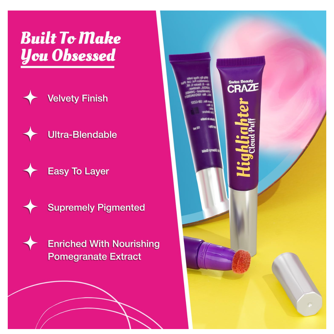 Swiss Beauty CRAZE Cloud Puff Blush | Velvety-Smooth |Ultra-Blendable | Easy To Layer |Enriched With Pomegranate Extract |Shade- 3 - Lighting Rose, 12ml