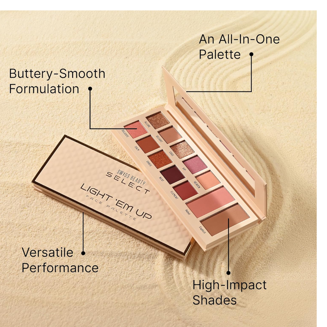 Swiss Beauty Select Light Em Up Multipurpose Face and Eye Palette | 10 Eyeshadow shades + 1 Blusher shade + 1 Contour Pan| Shade- Twilight, 20g |