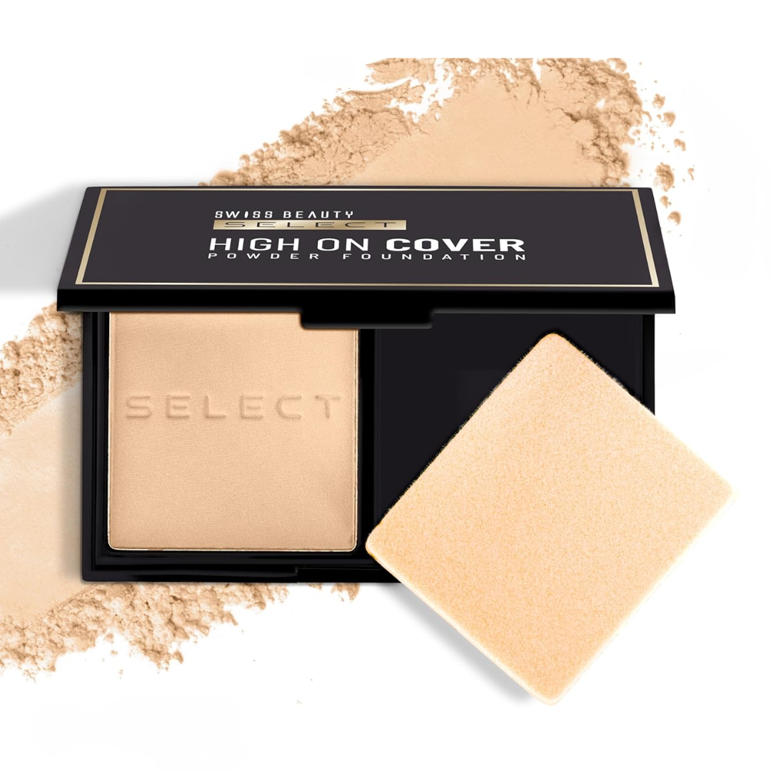 SWISS BEAUTY Matte All Select High On Cover Powder Foundation With Sponge | Waterproof & Oil Controlling | 16-Hour Wear | Shade 06 Warm Honey, 5.5G